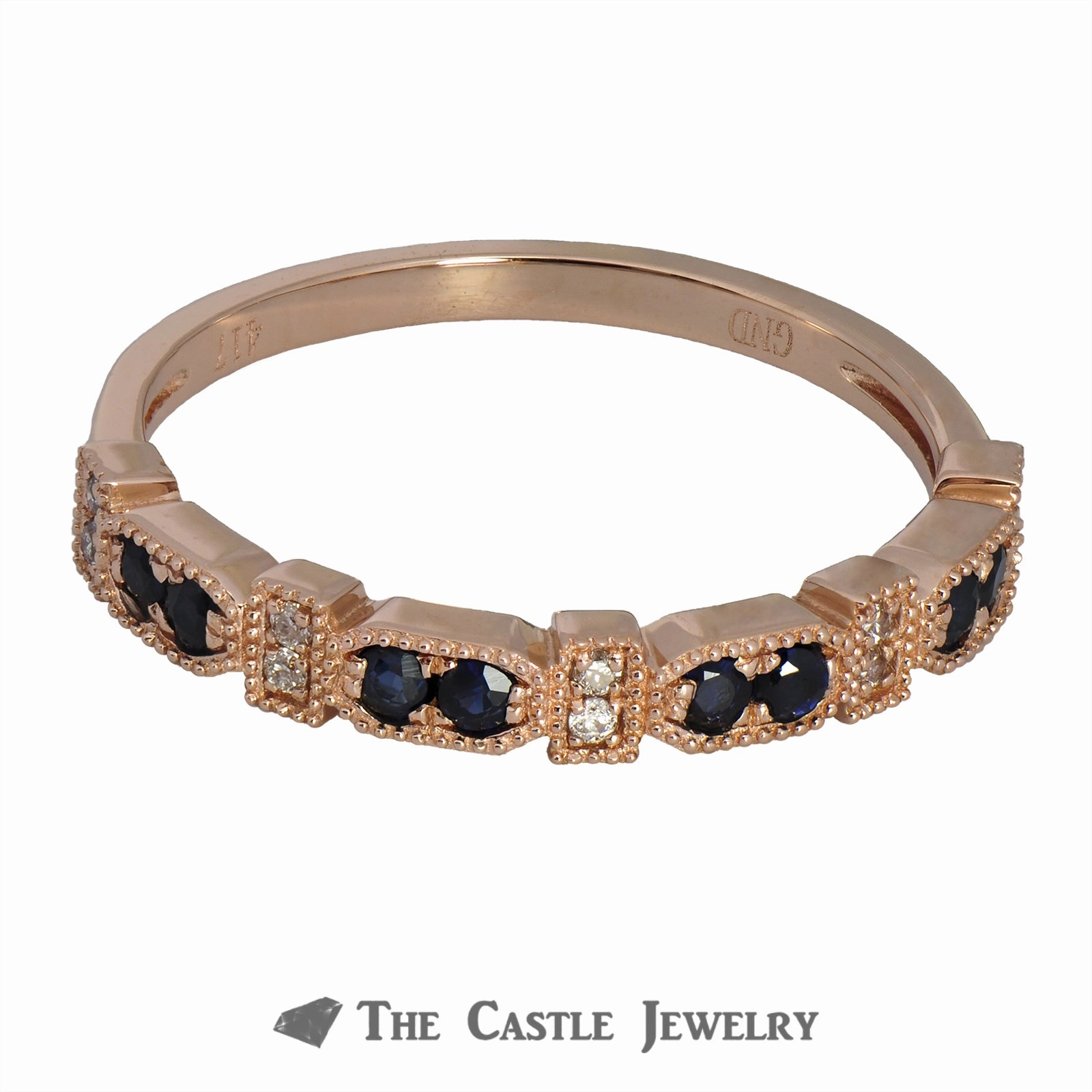 Custom Style Elegant Ornament Sapphire Stackable Ring with Diamonds & Beaded Edges 10K
