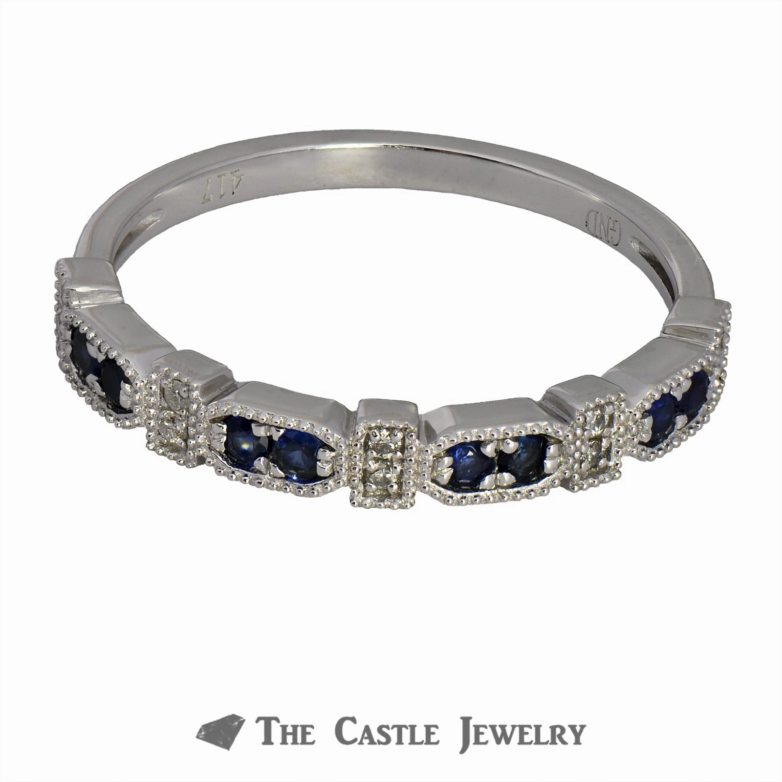 Artisan Work Strong Art Sapphire Stackable Ring with Diamonds & Beaded Edges 10K