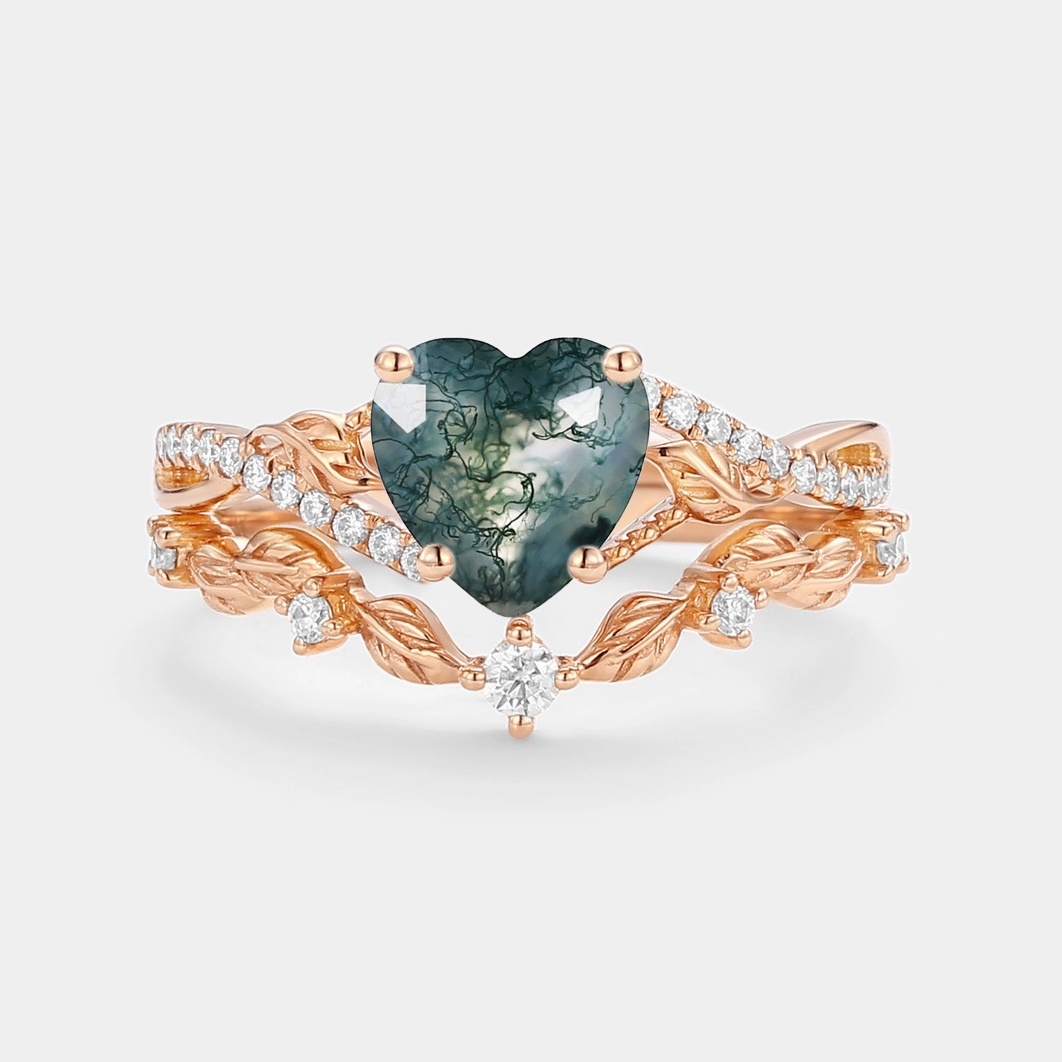 Glitter Detail Luxury Ready Nature Inspired Heart Shaped Moss Agate Leafy Ring Set 2pcs - Syrin