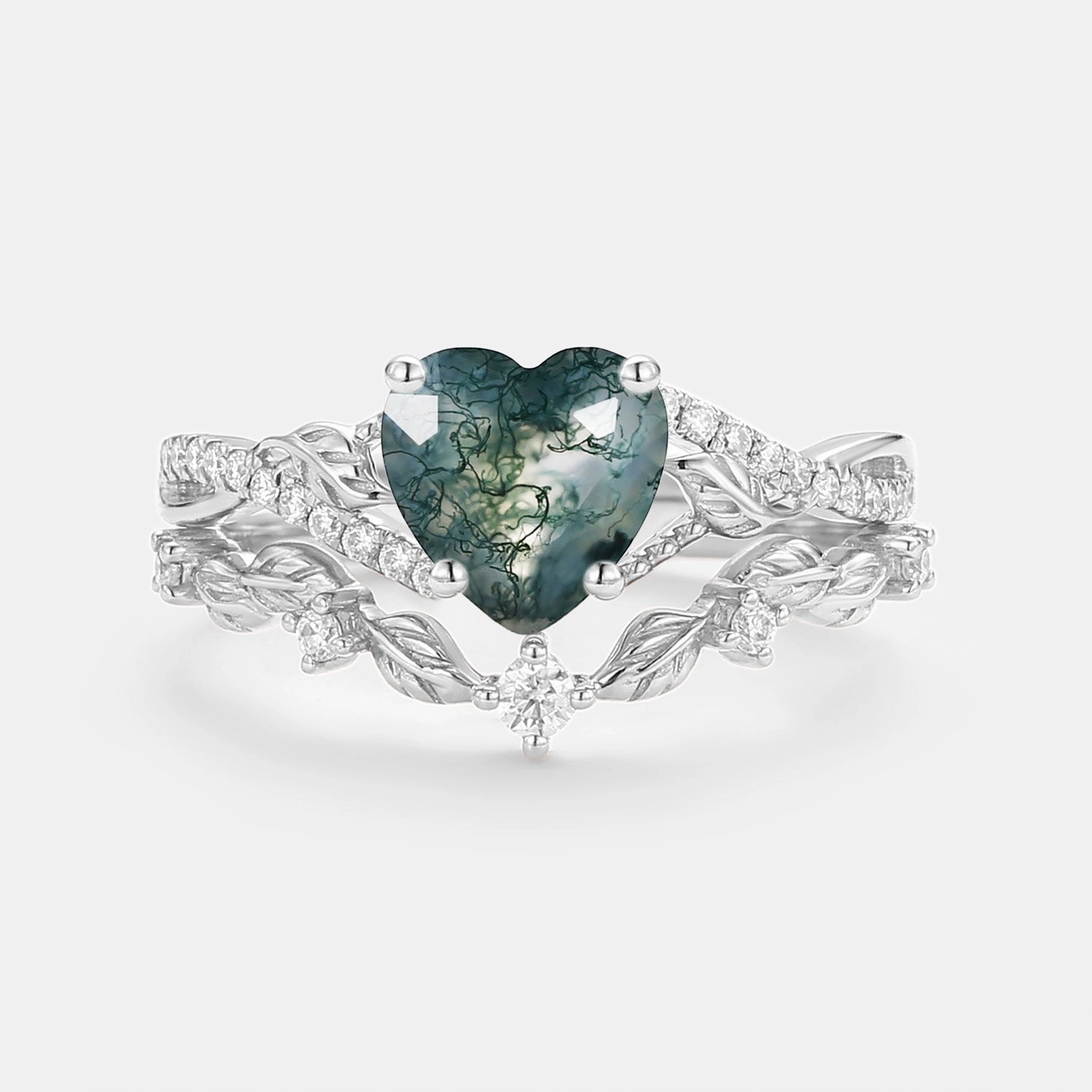 Quick Fit Trendy Layer Nature Inspired Heart Shaped Moss Agate Leafy Ring Set 2pcs - Syrin
