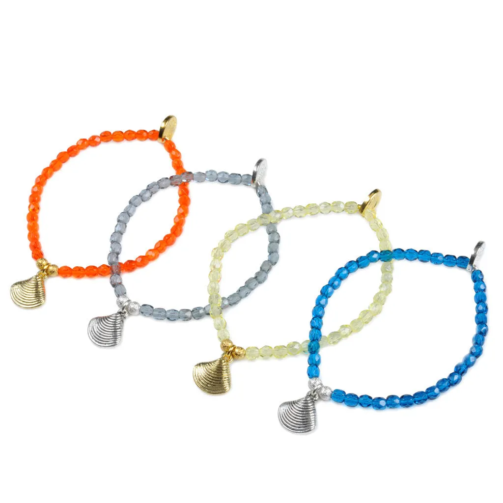 Scallop Sea Shell Charm Faceted Glass Bead Bracelet