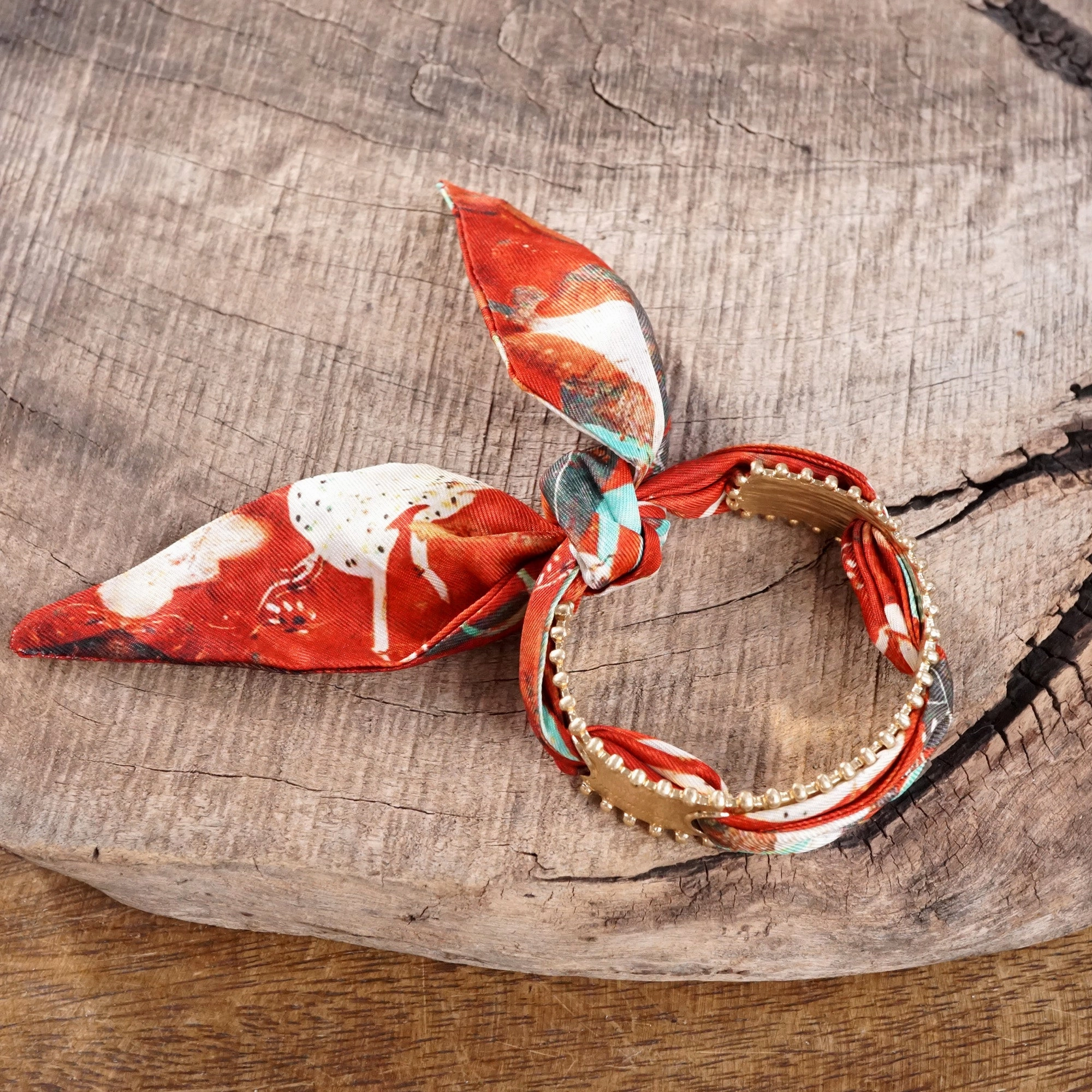 Scarf Open Cuff Bracelet ?C Gold Tone with Fabric Weave, Orange or Turquoise Matte Textures Best Combinations