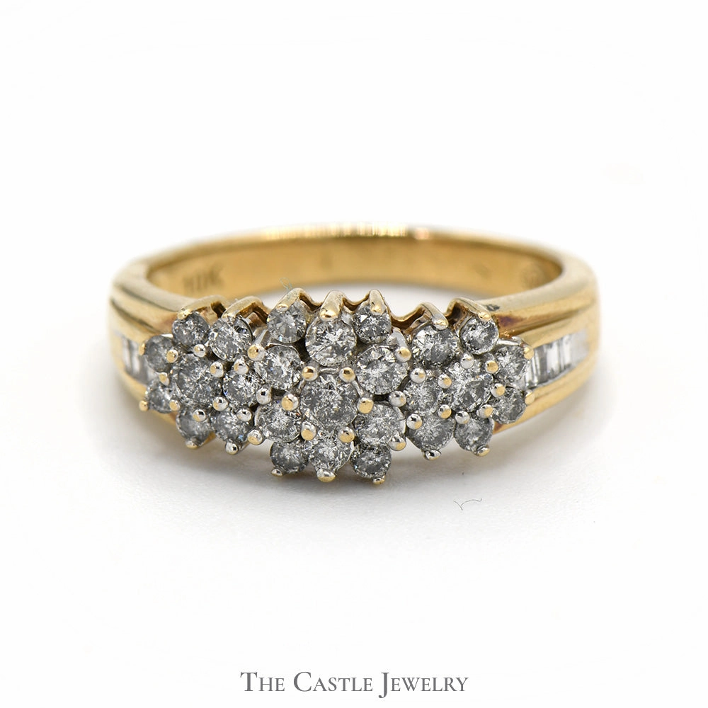High-End Symbol Bold Glint 1/2cttw Diamond Cluster Ring with Baguette Diamond Accents in 10k Yellow Gold