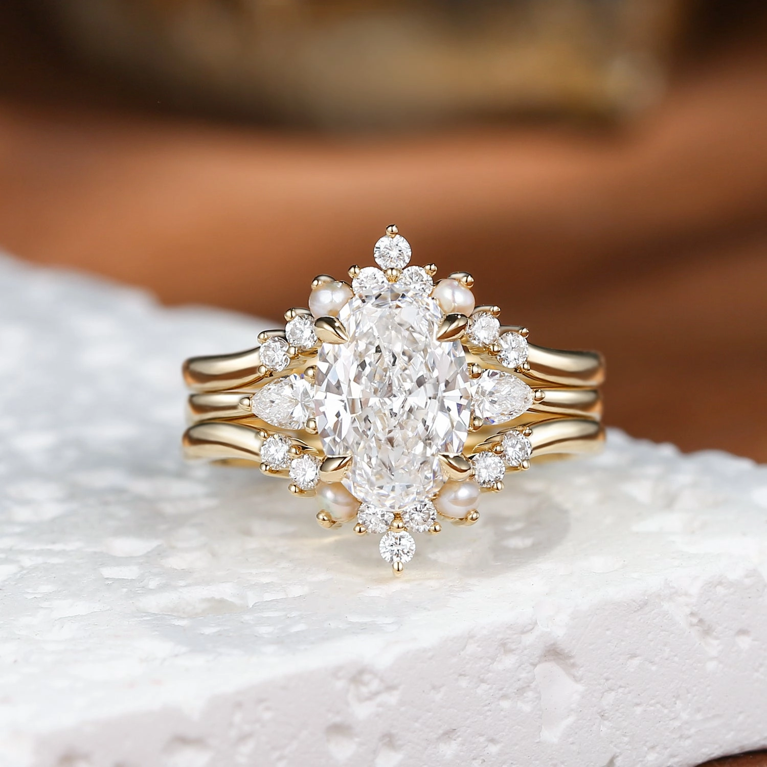 Brilliant Sparkle Unique Oval Cut Lab Grown Diamond & Pearl Engagement Ring Set 3pcs