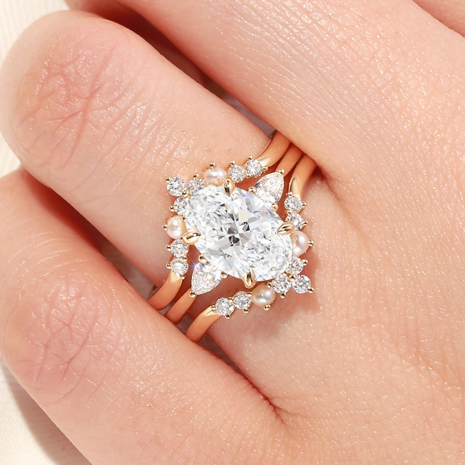 Chic piece Unique Oval Cut Lab Grown Diamond & Pearl Engagement Ring Set 3pcs