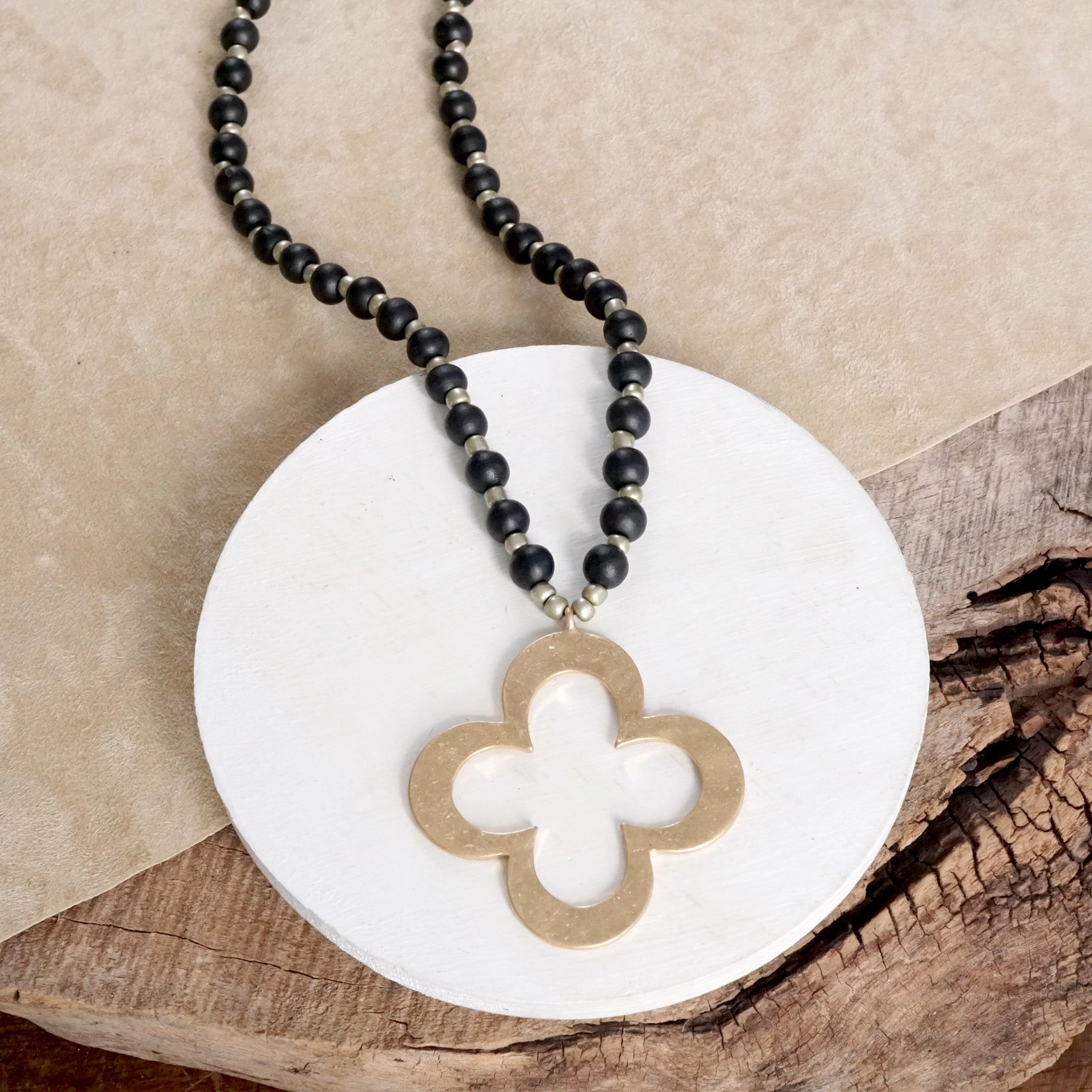 Distinct Accent Timeless Trend Clover Long Wooden Bead Necklace with gold Flower - Burgundy Brown Black