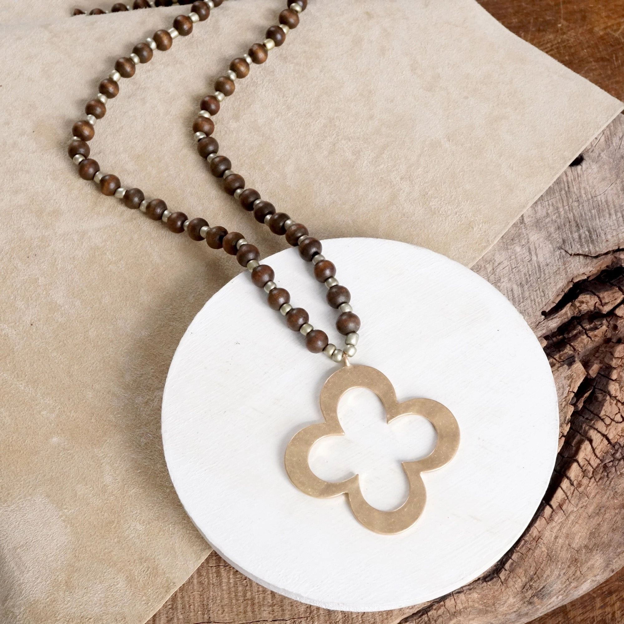 Festival Accessory Clover Long Wooden Bead Necklace with gold Flower - Burgundy Brown Black