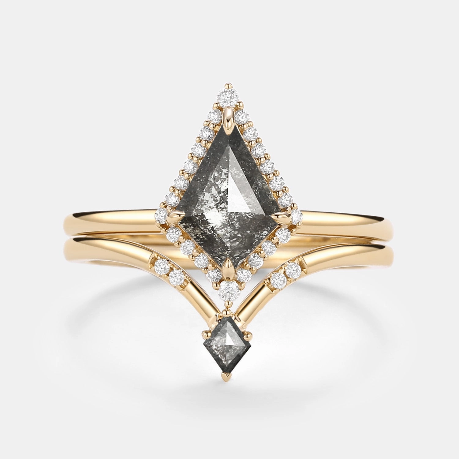 Kite Salt and Pepper Diamonds Stacking Engagement Ring Set 2pcs Special Style