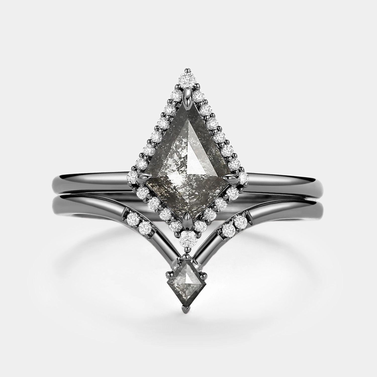 Mood Accent Kite Salt and Pepper Diamonds Stacking Engagement Ring Set 2pcs