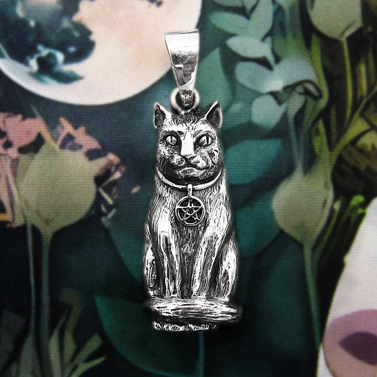 Gift Idea Sculptural Cat Pendant Witch's Familiar Spirit Animal With Pentagram