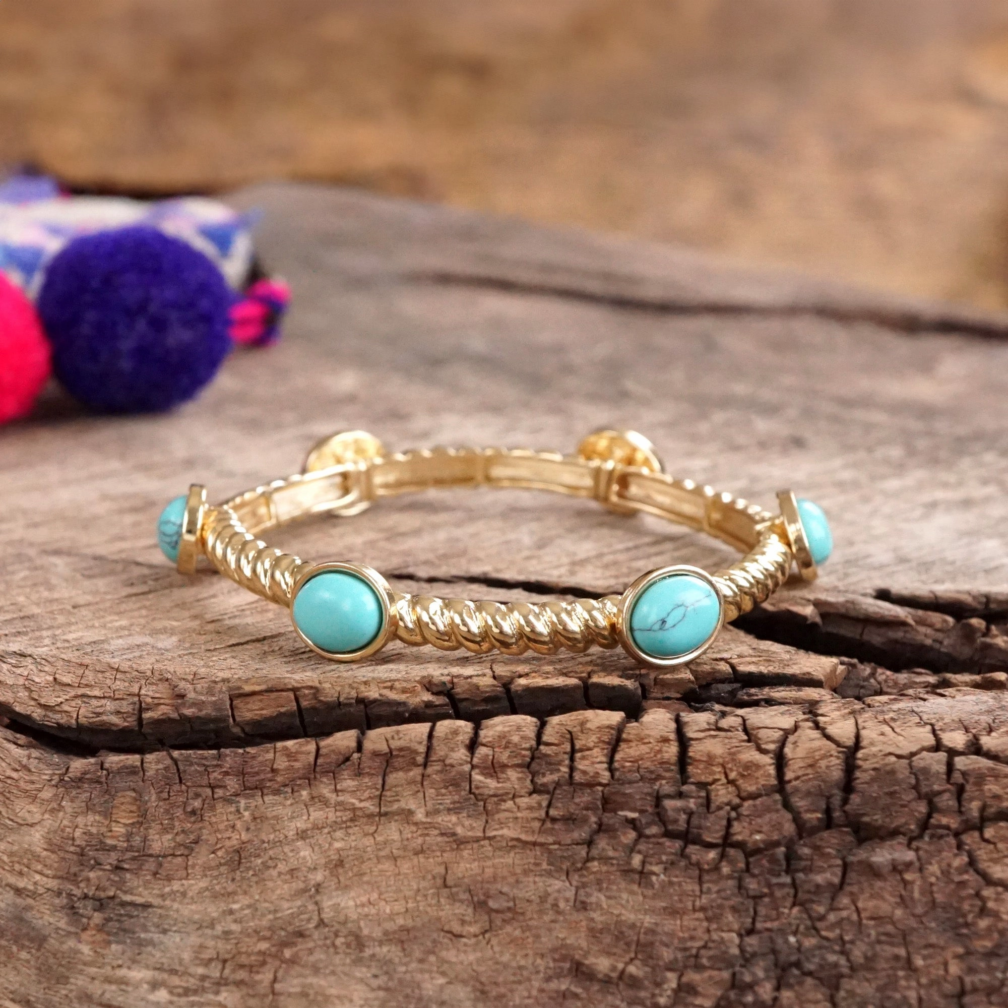 Pleasant Amalgamations Jeweled Golden Twisted Bangle with oval jewels - Pearl Turquoise