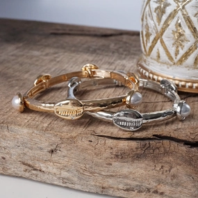 Sea Life Shell and Pearls Bangle Bracelet - Gold Silver tone Uplifting Composites