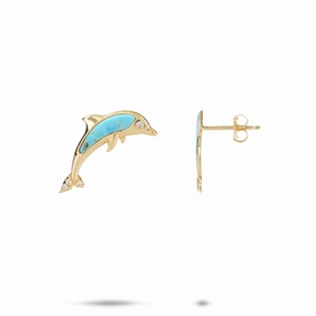 Shimmering Touch Sealife Dolphin Turquoise Earrings in Gold with Diamonds