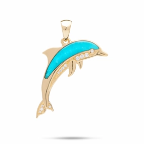 Iconic Feel Sealife Dolphin Turquoise Pendant in Gold with Diamonds - 29mm