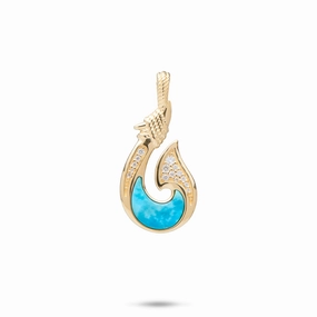 Accent Style Sealife Fish Hook Turquoise Pendant in Gold with Diamonds - 27mm