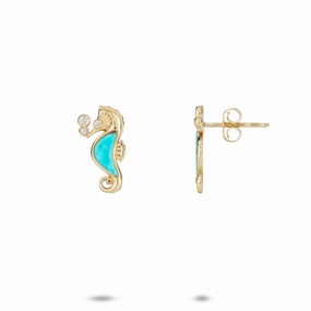 Sealife Seahorse Turquoise Earrings in Gold with Diamonds - 15mm Structured Shape