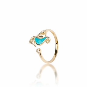 Fashionable Shine Sealife Seahorse Turquoise Ring in Gold with Diamonds - 15mm