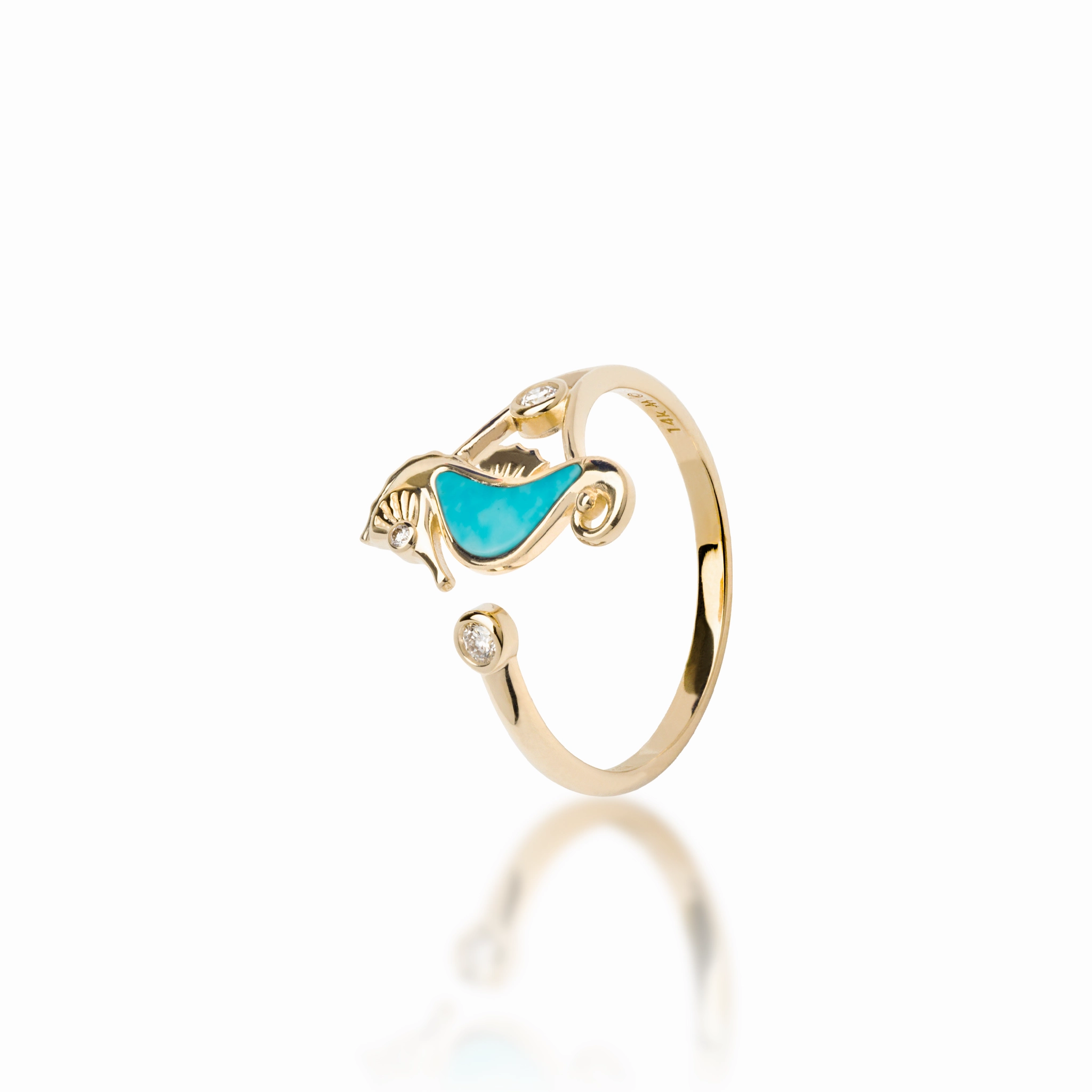 Sealife Seahorse Turquoise Ring in Gold with Diamonds - 15mm Polished Layer Timeless Duo