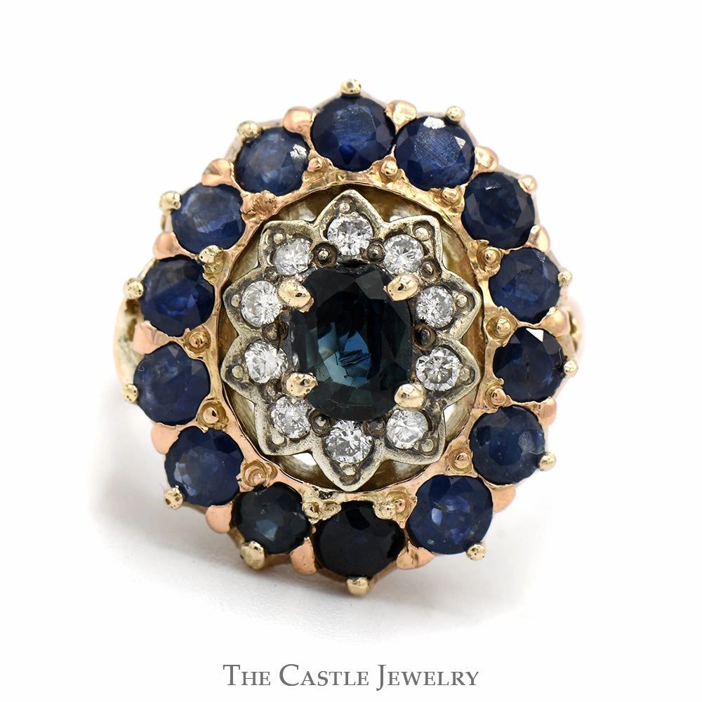Affordable Craft Showcase Jewelry Oval Shaped Sapphire & Diamond Cluster Ring in 14k Rose Gold