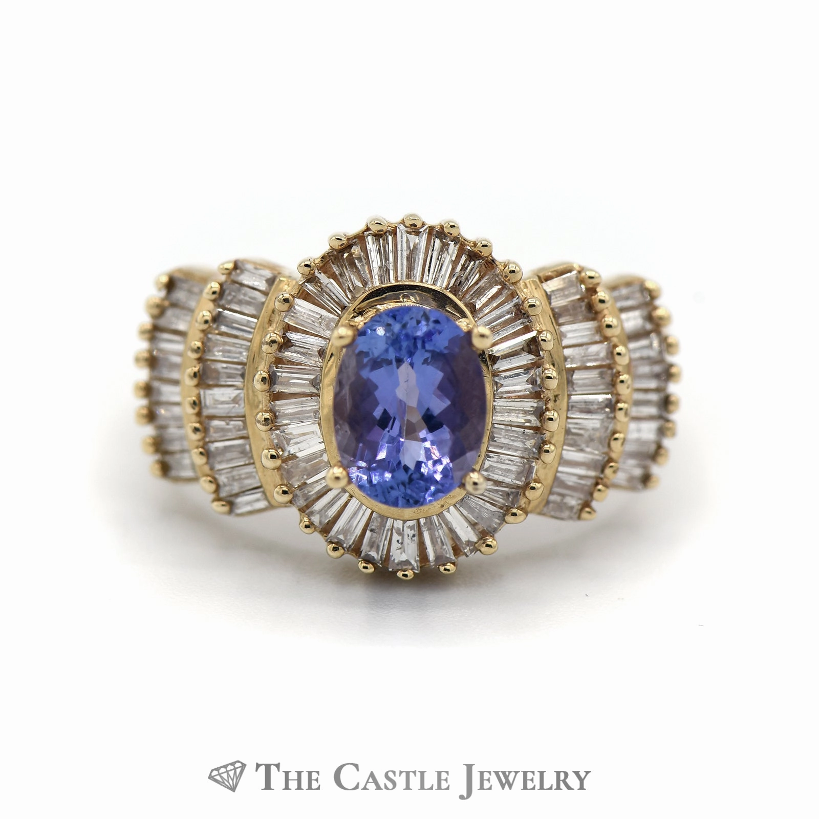 Oval Cut Tanzanite Ring with 1.5cttw Baguette Cut Diamond Halo & Accents Fashionable Art