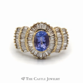 Oval Cut Tanzanite Ring with 1.5cttw Baguette Cut Diamond Halo & Accents Fashionable Art