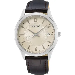 Seiko Men's Watch - Quartz Beige Dial Brown Leather Strap Date Display | SUR421P1