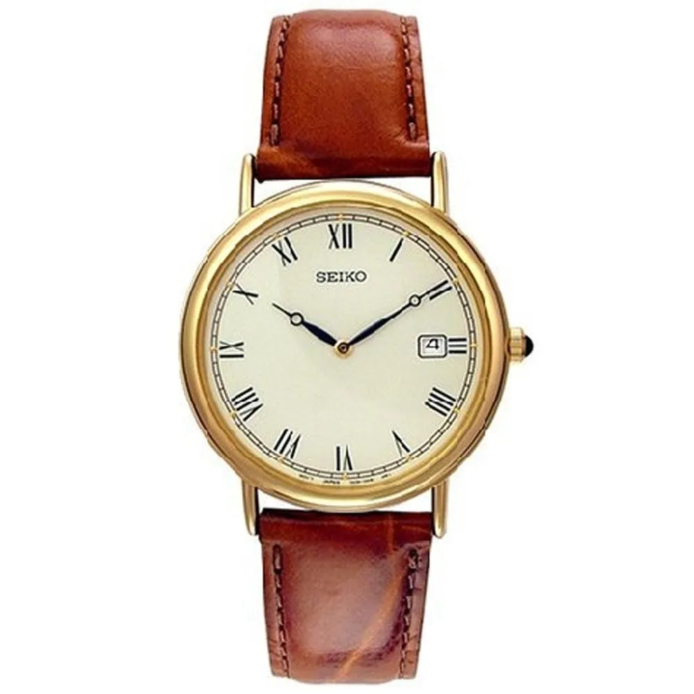 Seiko SKP016 Men's Dress Gold Tone Dial Brown Leather Strap Gold Tone Watch