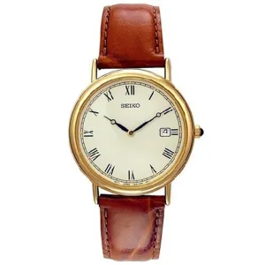 Seiko SKP016 Men's Dress Gold Tone Dial Brown Leather Strap Gold Tone Watch