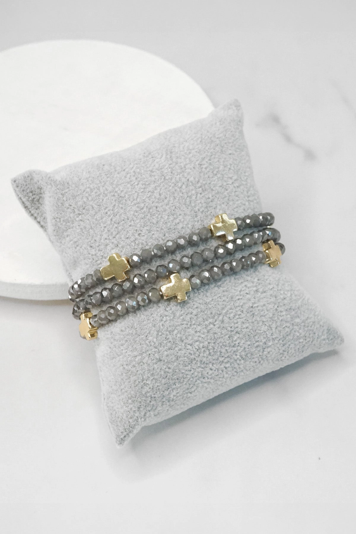 Mini Sideways Cross Bracelet stack Glass and gold metal beads Continental Composites