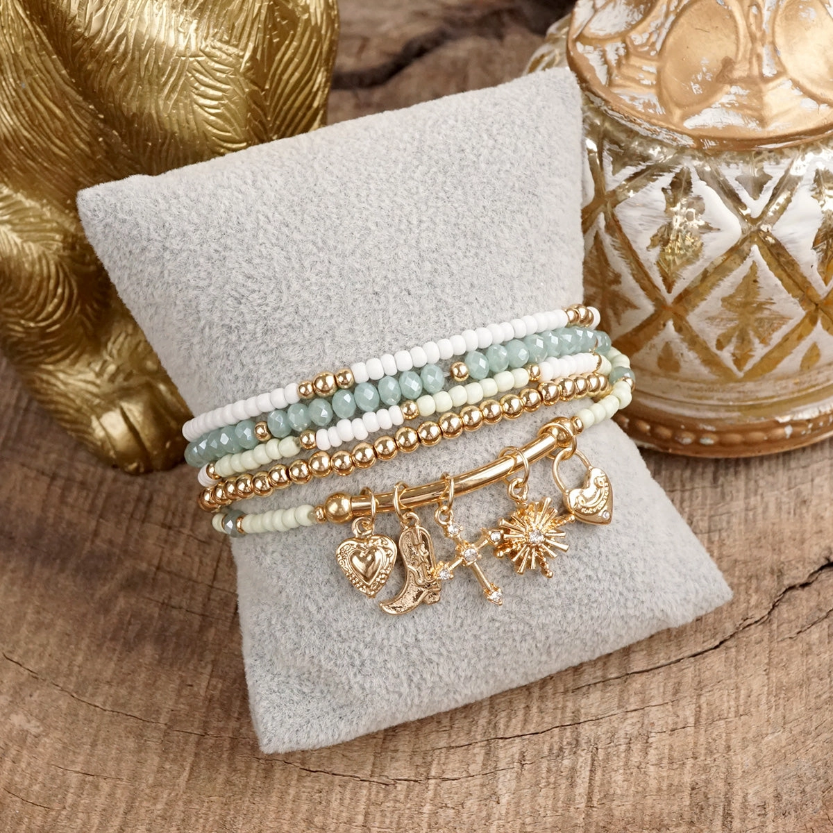 Charmed Whimsy ?C Set of 5 Mint & White Beaded Bracelets with Golden Charm Bar Perpetual Mix Pan-Regional Composites