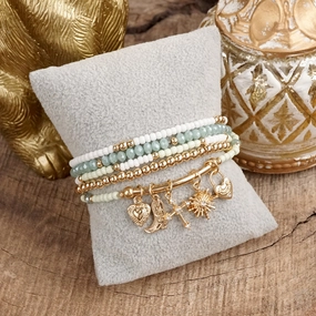 Charmed Whimsy ?C Set of 5 Mint & White Beaded Bracelets with Golden Charm Bar Perpetual Mix Pan-Regional Composites