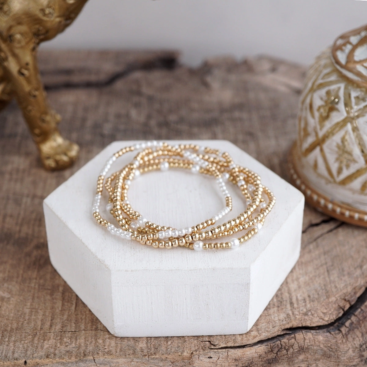 Golden Whisper ?C Pearlized Beaded Bracelet Set cruelty-free