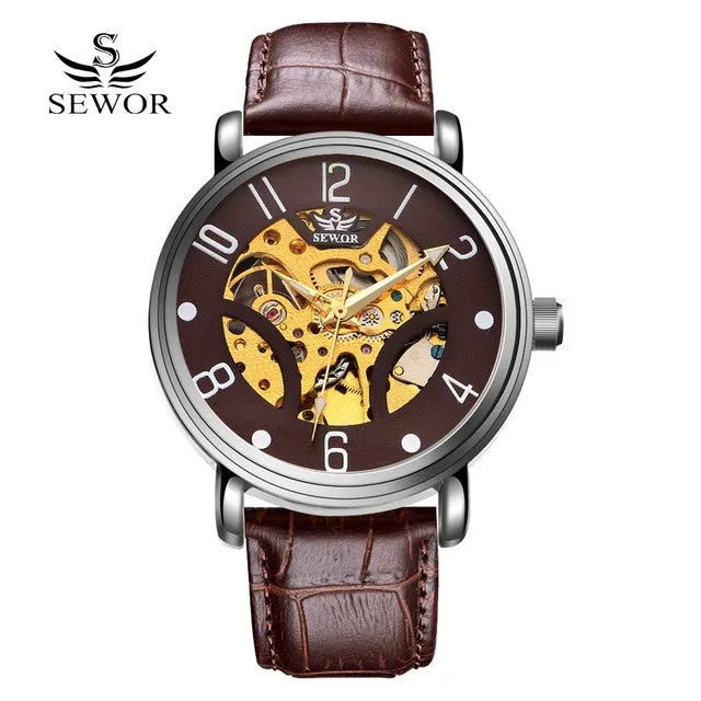 SEWOR Watches Men Brand 2017 Fashion Gold Luxury Man Automatic Mechanical Watch Sports Leather Business Clock Wathes