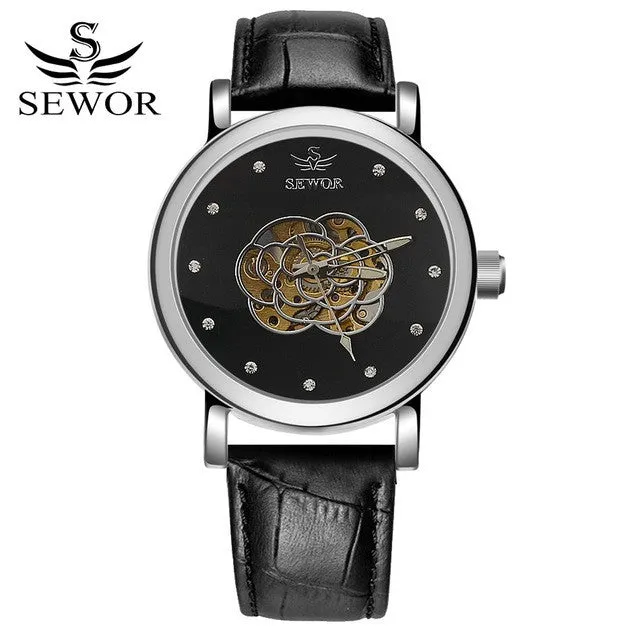 SEWOR Watches Men Brand 2017 Fashion Gold Luxury Man Automatic Mechanical Watch Sports Leather Business Clock Wathes