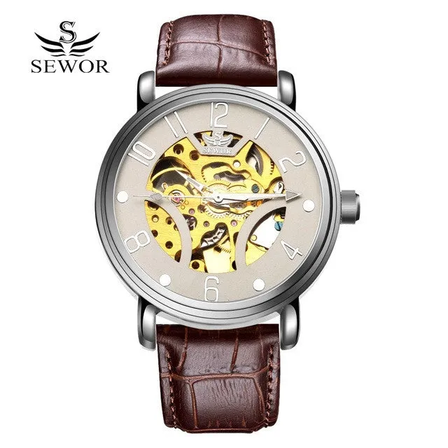SEWOR Watches Men Brand 2017 Fashion Gold Luxury Man Automatic Mechanical Watch Sports Leather Business Clock Wathes