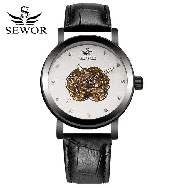 SEWOR Watches Men Brand 2017 Fashion Gold Luxury Man Automatic Mechanical Watch Sports Leather Business Clock Wathes