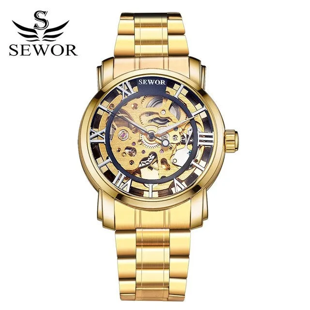 SEWOR Watches Men Brand 2017 Fashion Gold Luxury Man Automatic Mechanical Watch Sports Leather Business Clock Wathes