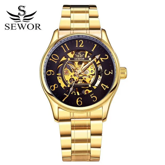 SEWOR Watches Men Brand 2017 Fashion Gold Luxury Man Automatic Mechanical Watch Sports Leather Business Clock Wathes