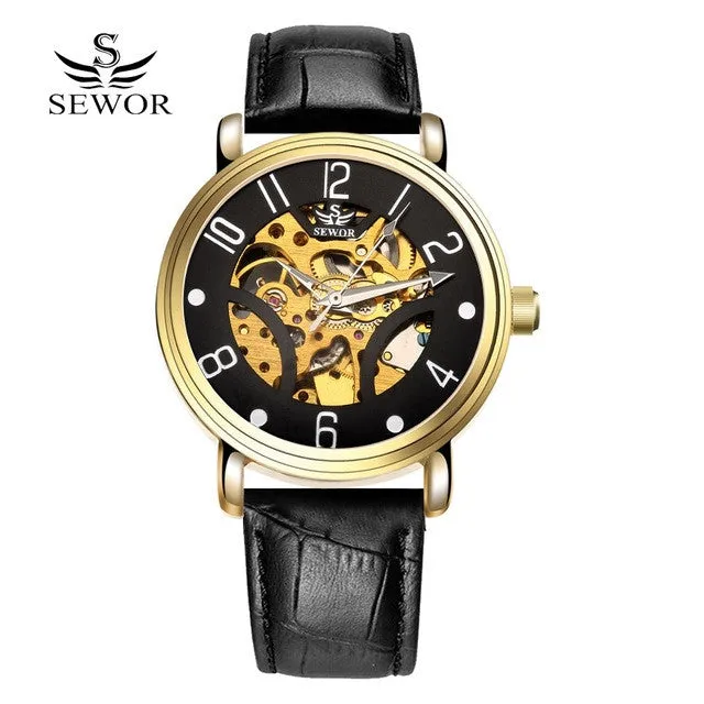 SEWOR Watches Men Brand 2017 Fashion Gold Luxury Man Automatic Mechanical Watch Sports Leather Business Clock Wathes