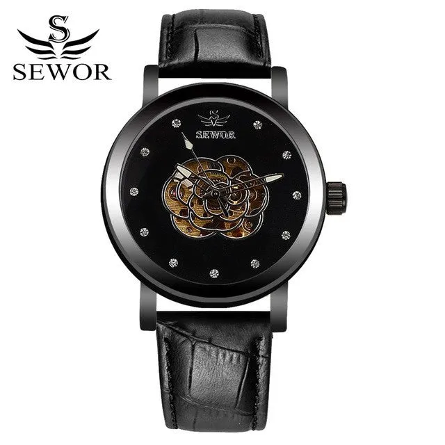 SEWOR Watches Men Brand 2017 Fashion Gold Luxury Man Automatic Mechanical Watch Sports Leather Business Clock Wathes