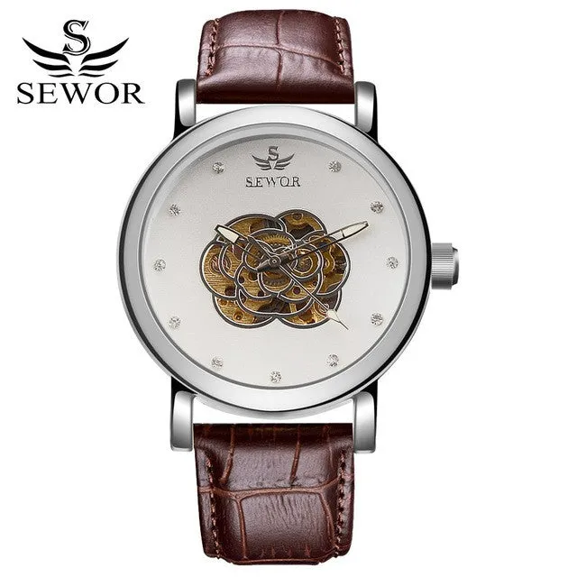 SEWOR Watches Men Brand 2017 Fashion Gold Luxury Man Automatic Mechanical Watch Sports Leather Business Clock Wathes