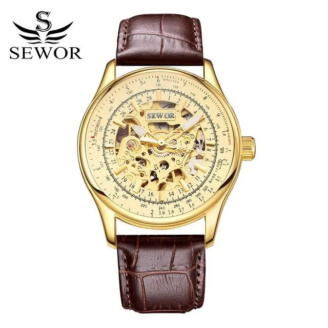 SEWOR Watches Men Brand 2017 Fashion Gold Luxury Man Automatic Mechanical Watch Sports Leather Business Clock Wathes