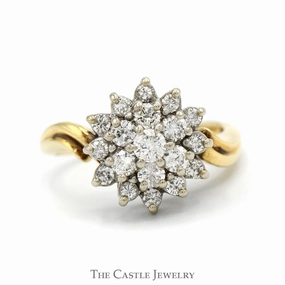 1cttw Snowflake Shaped Round Diamond Cluster Ring in 14k Yellow Gold Modern Accessory