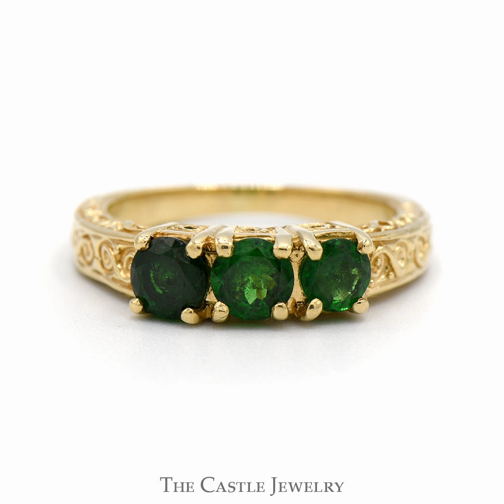 Three Stone Round Emerald Ring with Scroll Designed Sides in 14k Yellow Gold Symbolic Form Economical Embellishment