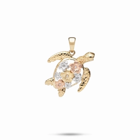Plumeria Honu (Turtle) Pendant in Tri Color Gold with Diamonds - 18mm Lustrous Form Weekend Glow