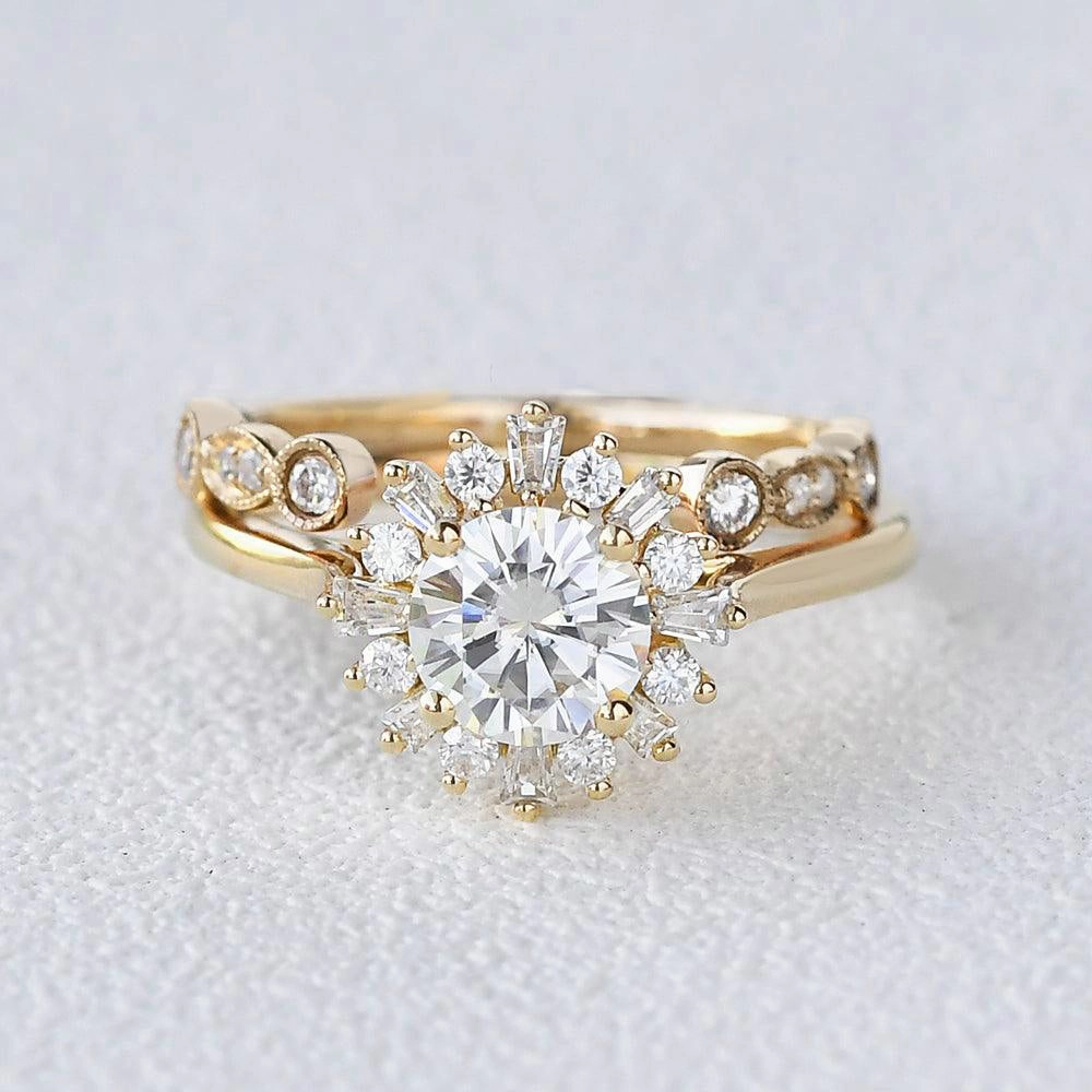 Moissanite & Baguette Zircon Halo Inspired Ring Set 2pcs Sophisticated Look