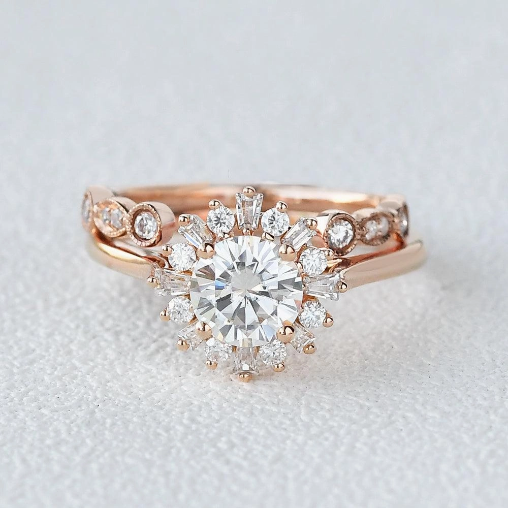Moissanite & Baguette Zircon Halo Inspired Ring Set 2pcs Effortless Glow Fashion Mood