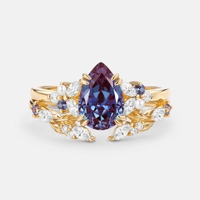 Cluster Pear Shaped Lab Alexandrite Chevron Gold Ring Set 2pcs - Chloris Daily Layer Effortless Charm
