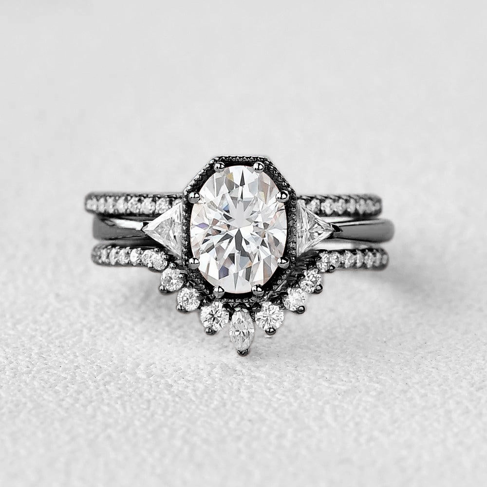 Statement Ready Black Gold Geometric Moissanite Retro Style Ring Set 3pcs