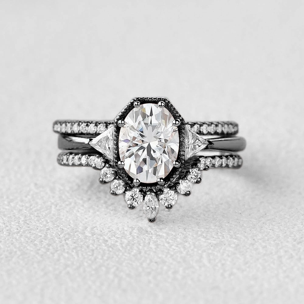 Black Gold Geometric Moissanite Retro Style Ring Set 3pcs Shining Look